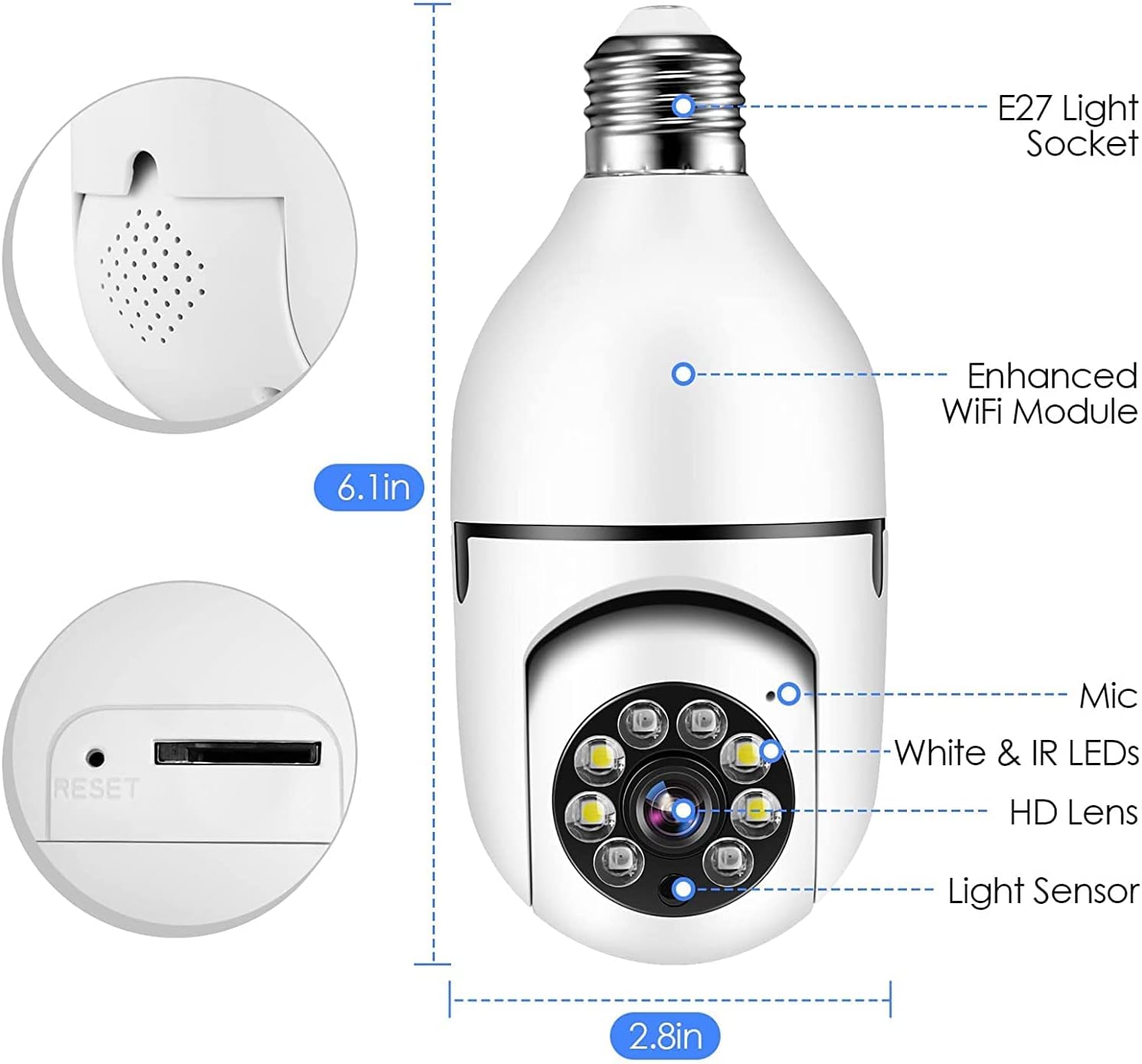 Bulb Security Camera 2.4GHz Wireless, 360°2K Tuya Smart Indoor 3MP Camera, Full Color Night Vision & Motion Tracking, AI Human Detection, Audible Alarm, Alexa/Google Home, Solar Powered